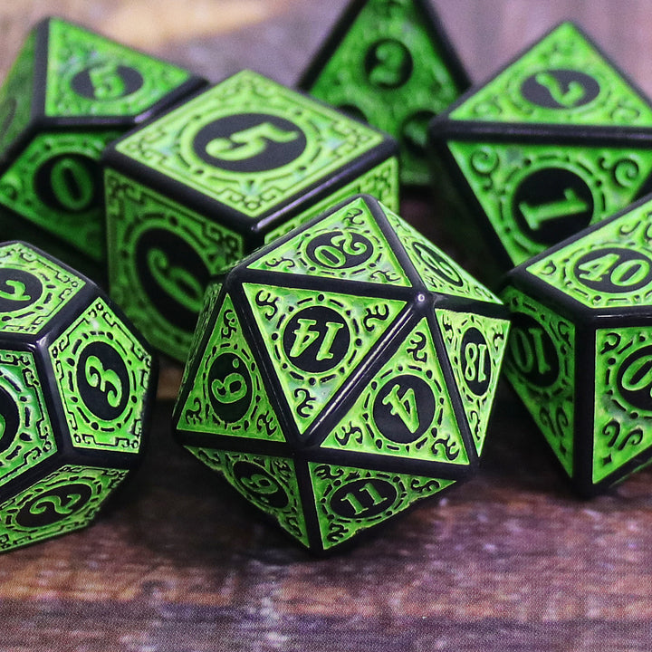 Green Magic Flame 7-Dice Set DND RPG Dice Black w/Color Fill