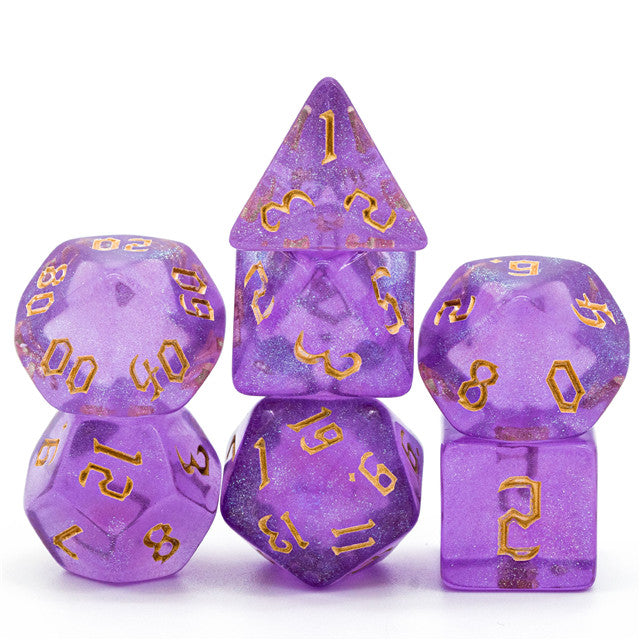 Purple Glitter Party Glitter Dice (Gold font) 7-Dice Set RPG DND