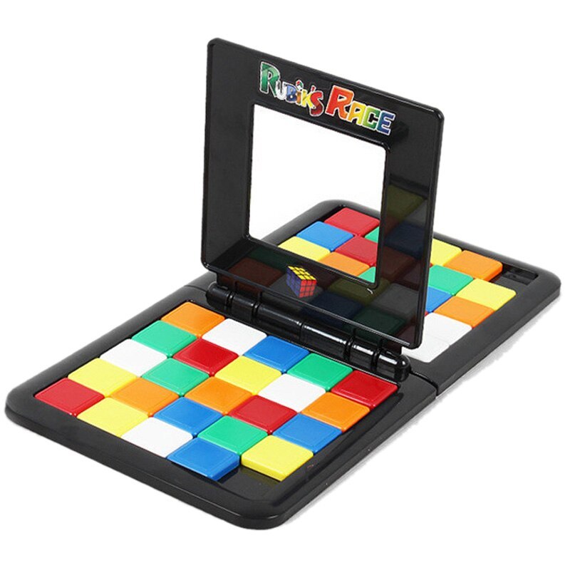 Rubik's Race puzzle toy with colorful square tiles on a white background.