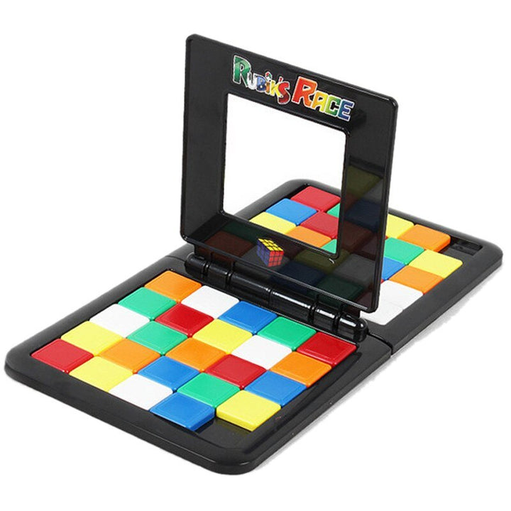 Rubik's Race puzzle toy with colorful square tiles on a white background.