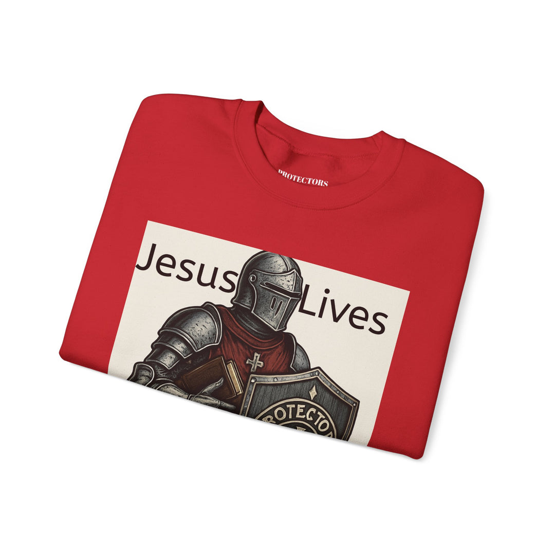 Knight Shield Crewneck Sweatshirt — "Protectors of the Word Jesus Lives"