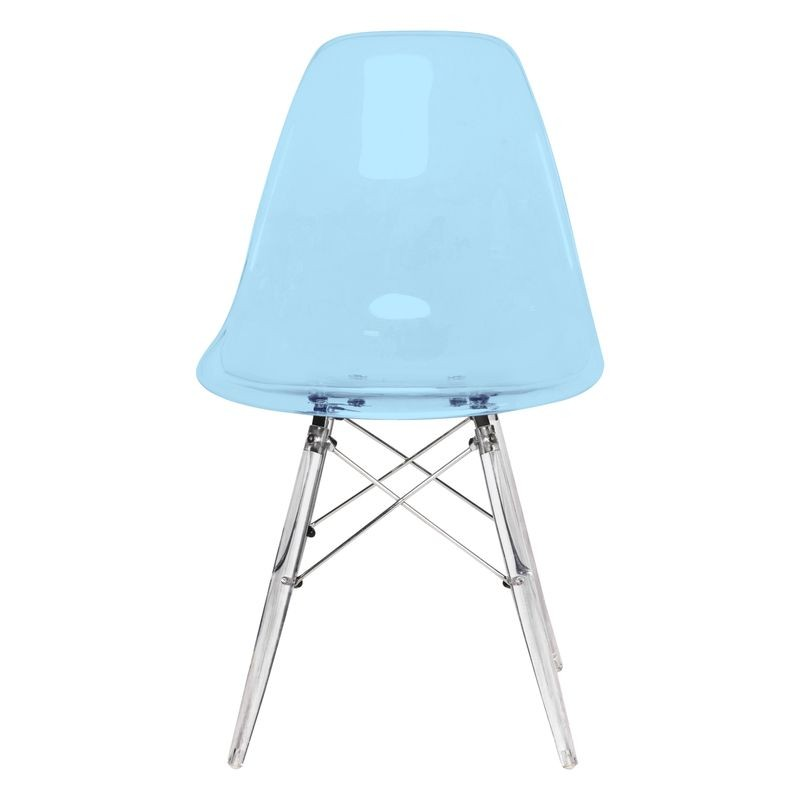 LeisureMod Dover Molded Side Chair with Acrylic Base Transparent Blue Front.