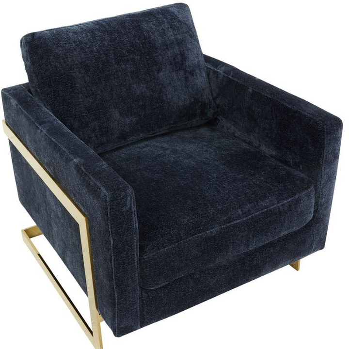 LeisureMod Lincoln Boucle Fabric Accent Armchair with Gold Stainless Steel Frame and Removable Back Cushion in Blue Zoomed In.
