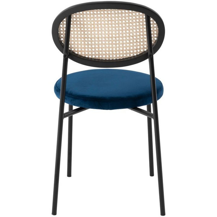 LeisureMod Euston Modern Wicker Dining Chair with Velvet Round Seat Navy Blue Back View.