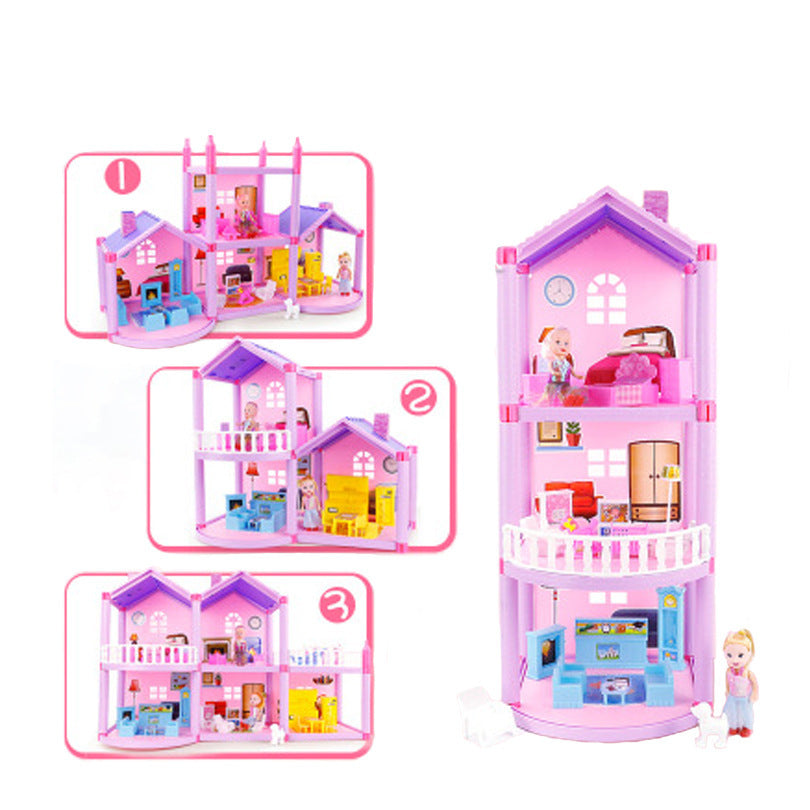 Pink dollhouse toy set with multiple levels and furniture pieces on a white background.