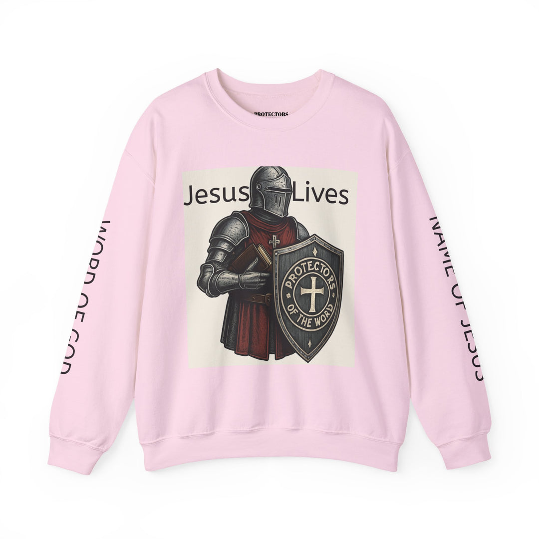 Knight Shield Crewneck Sweatshirt — "Protectors of the Word Jesus Lives"