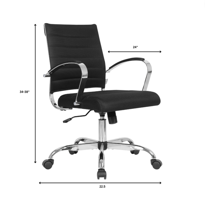 Black office chair with measurements on a white background.