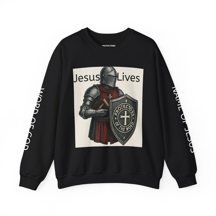 Knight Shield Crewneck Sweatshirt — "Protectors of the Word Jesus Lives"