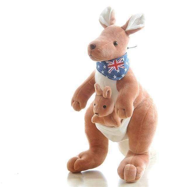 Plush kangaroo toy with a baby kangaroo and a Union Jack bandana on a white background.