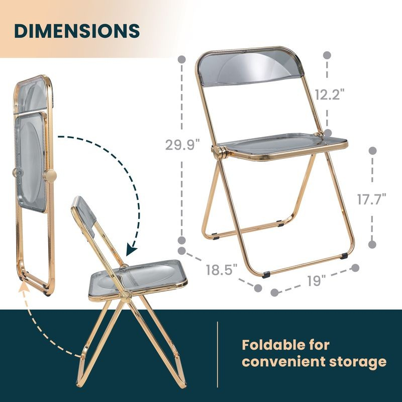 LeisureMod Lawrence Acrylic Folding Chair with Gold Metal Frame Transparent Black Dimensions.