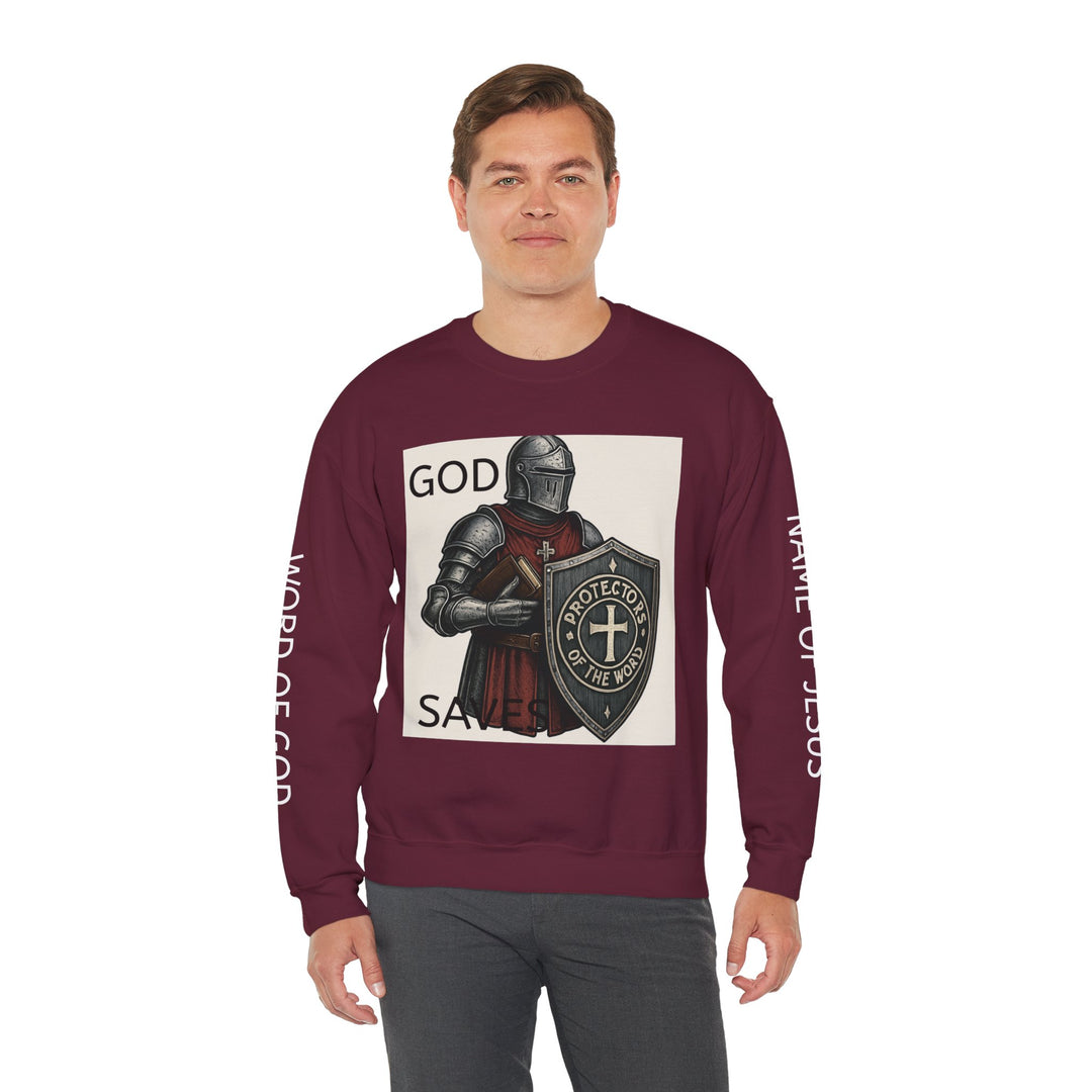 Knight Shield Crewneck Sweatshirt — "Protectors of the Word God Saves"