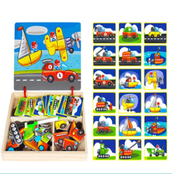 Children's educational puzzle with transportation-themed cards and wooden box.