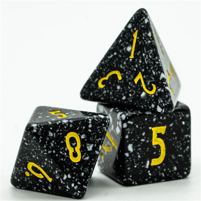 Freckled Black-&-White Homage 7-Dice Set w/Yellow Numbers Minimalist