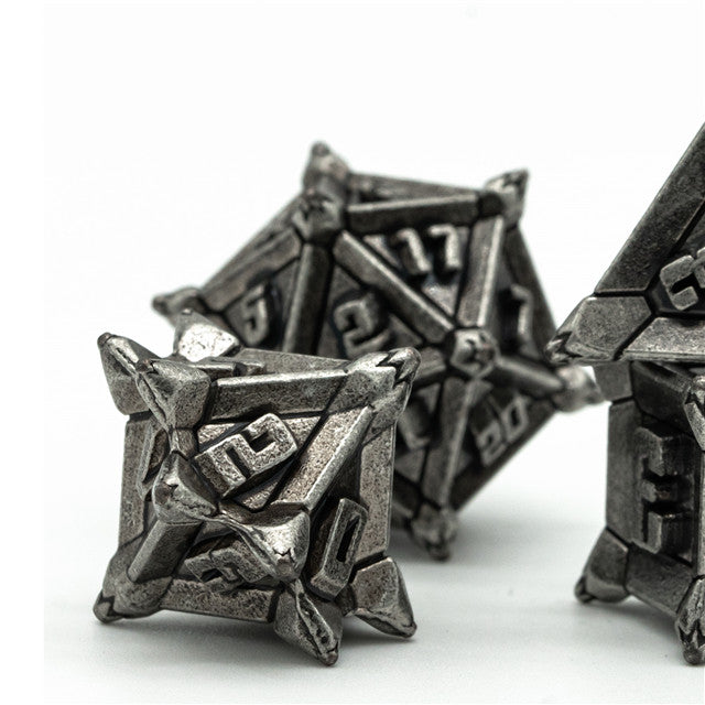 Vintage Silver Pinwheel Strengthened Metal 7-Dice Set | Metal DND Dice