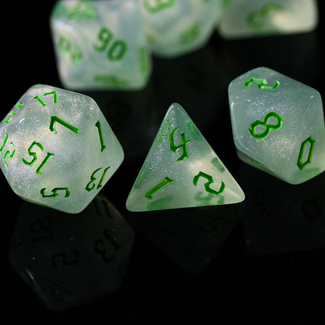 Glitter Party White Glitter Dice (Green font) 7-Dice Set RPG DND
