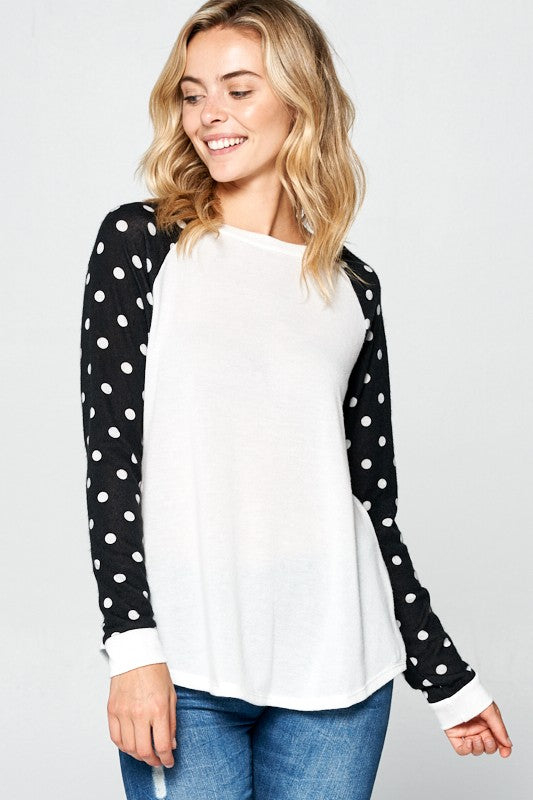 Polka Dot Solid Mixed Long Sleeve Round Neck Top