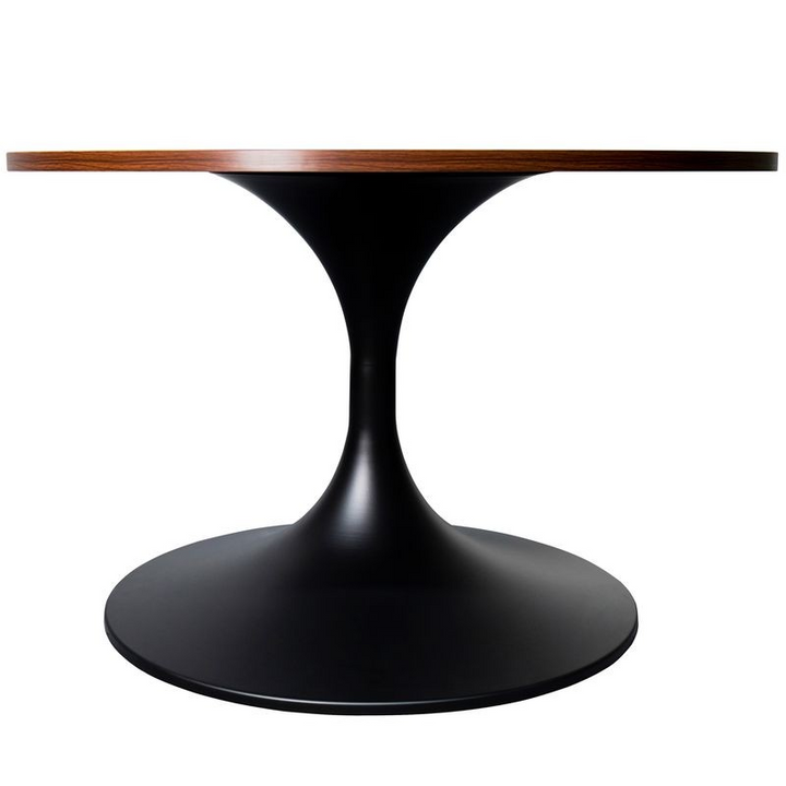 LeisureMod Verve Coffee Table Black base with 27" Round Brown Wood MDF Top Side View.