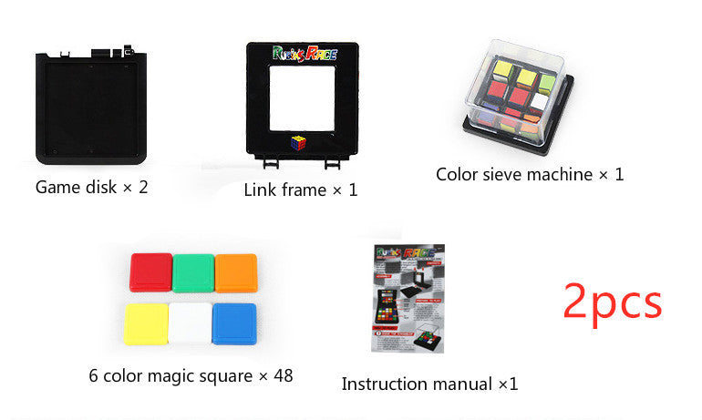 List of items including game disk, link frame, color sieve machine, magic square tiles, and instruction manual on a white background.