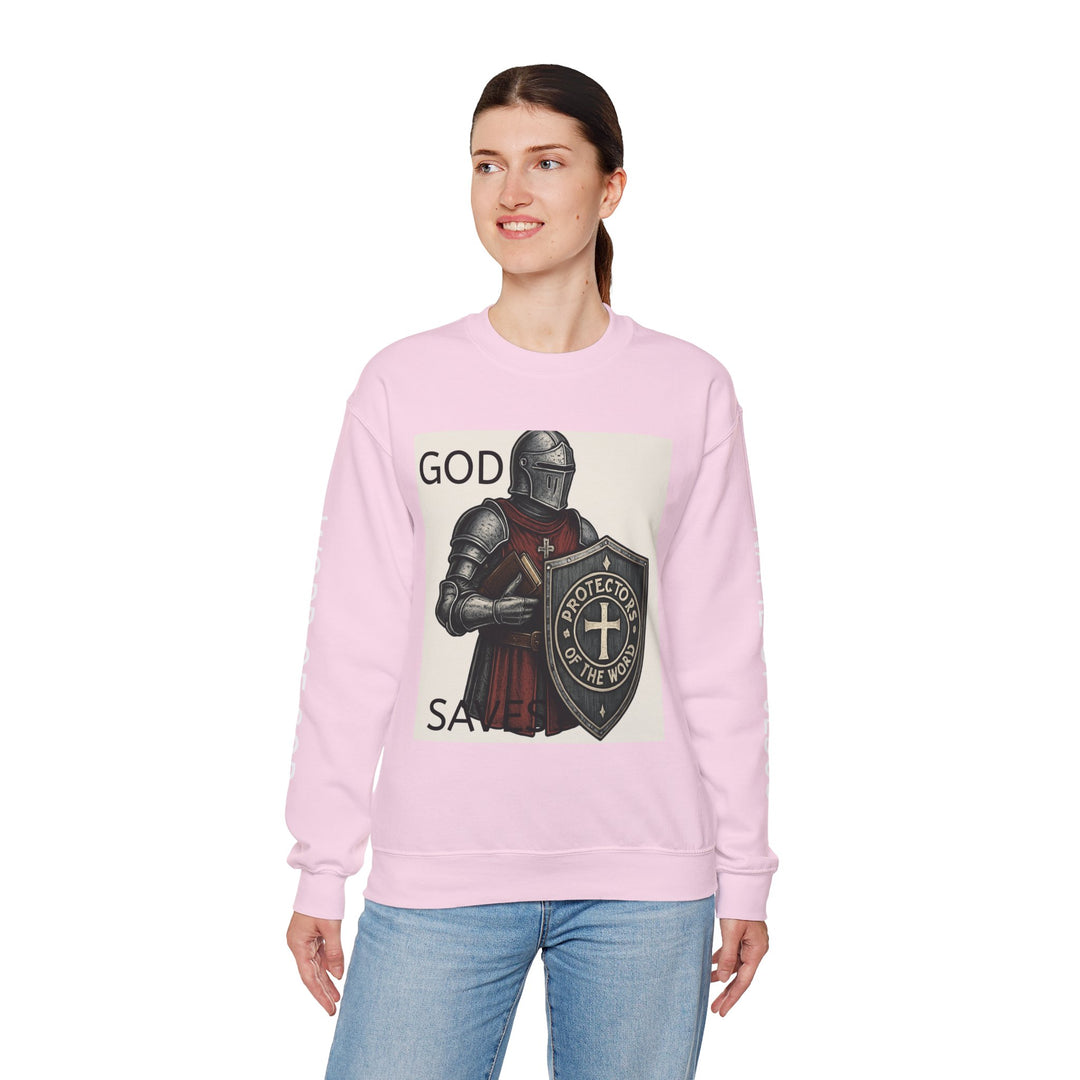 Knight Shield Crewneck Sweatshirt — "Protectors of the Word God Saves"