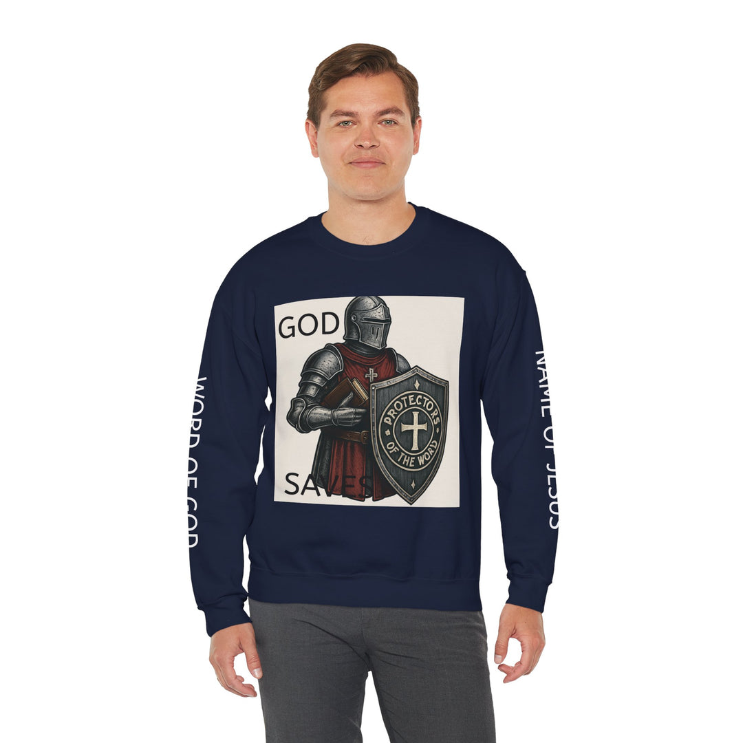 Knight Shield Crewneck Sweatshirt — "Protectors of the Word God Saves"