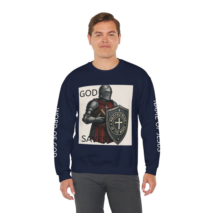 Knight Shield Crewneck Sweatshirt — "Protectors of the Word God Saves"