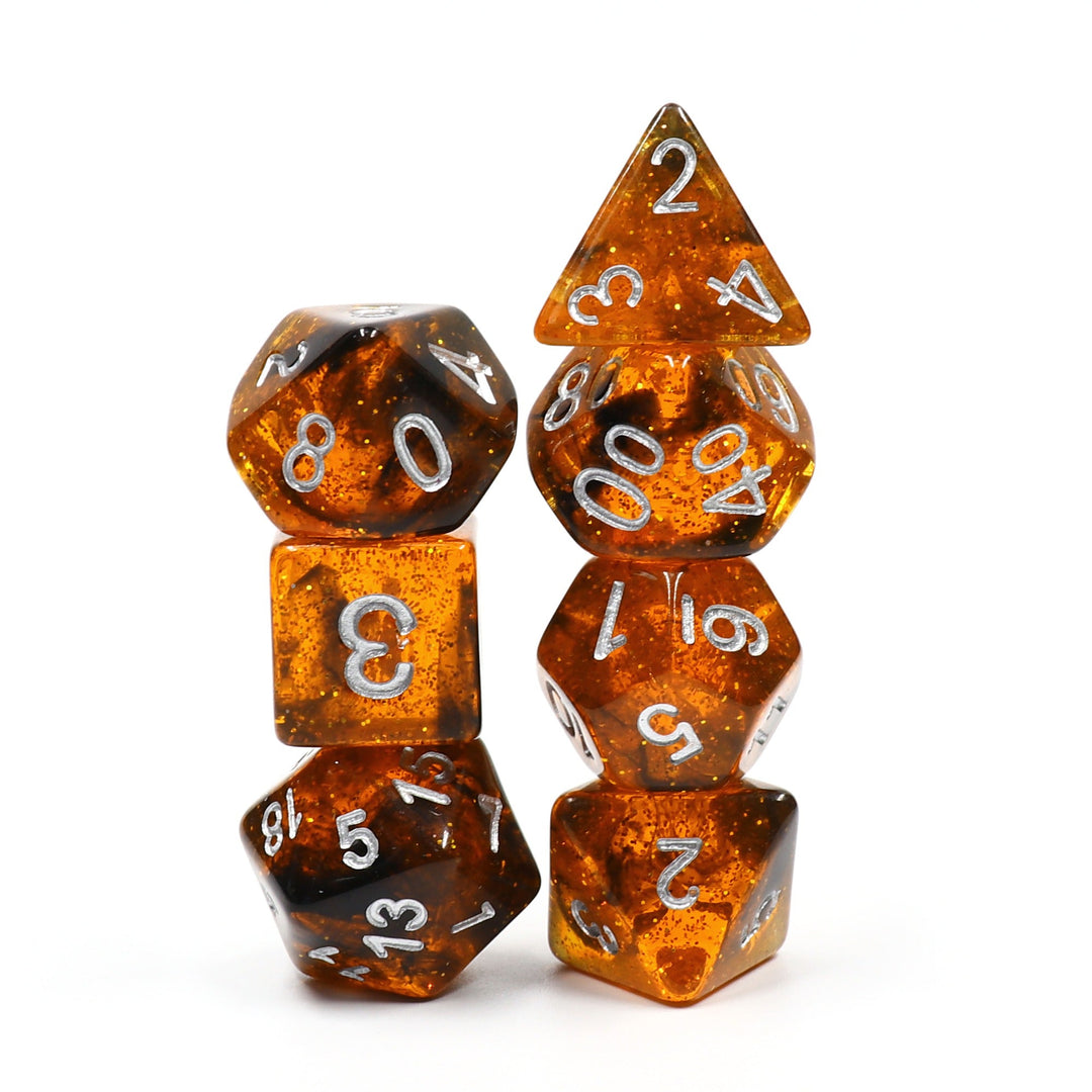 Orange w/ Black Swirl and Silver Ink 7-Dice Set DND RPG