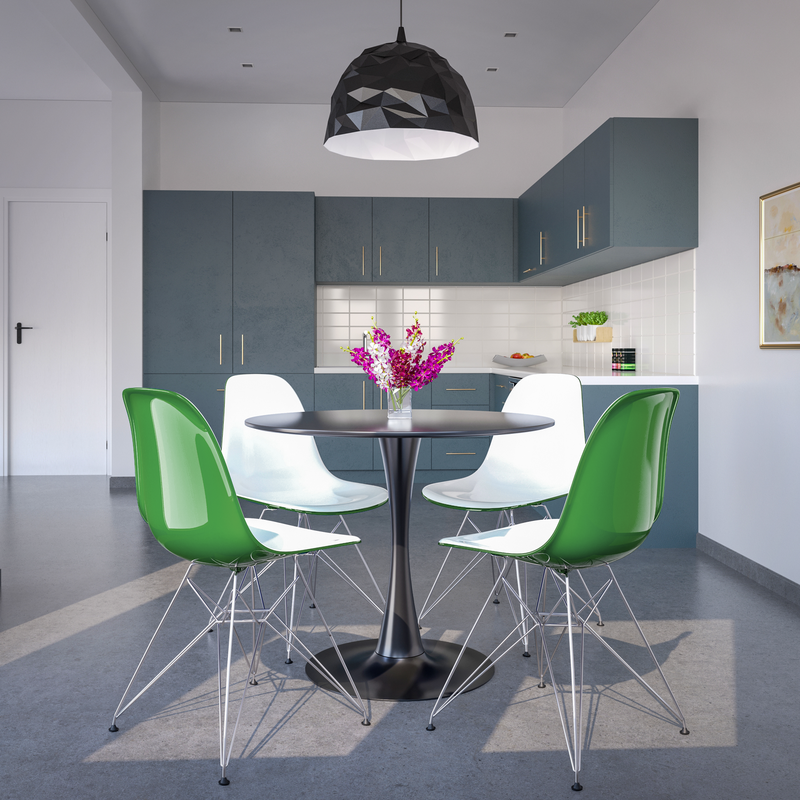 LeisureMod Cresco Molded 2-Tone Eiffel Side Chair in White Green at Table.