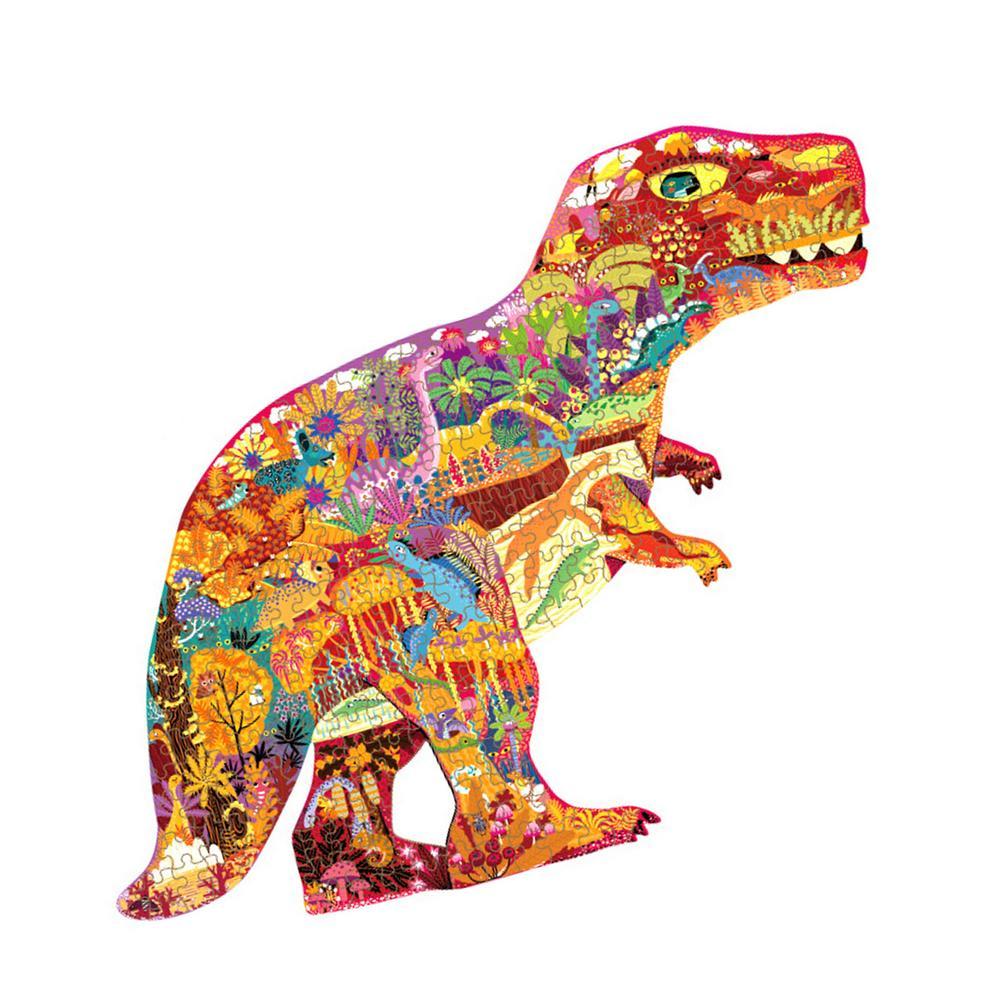 Colorful dinosaur-shaped puzzle on a white background.