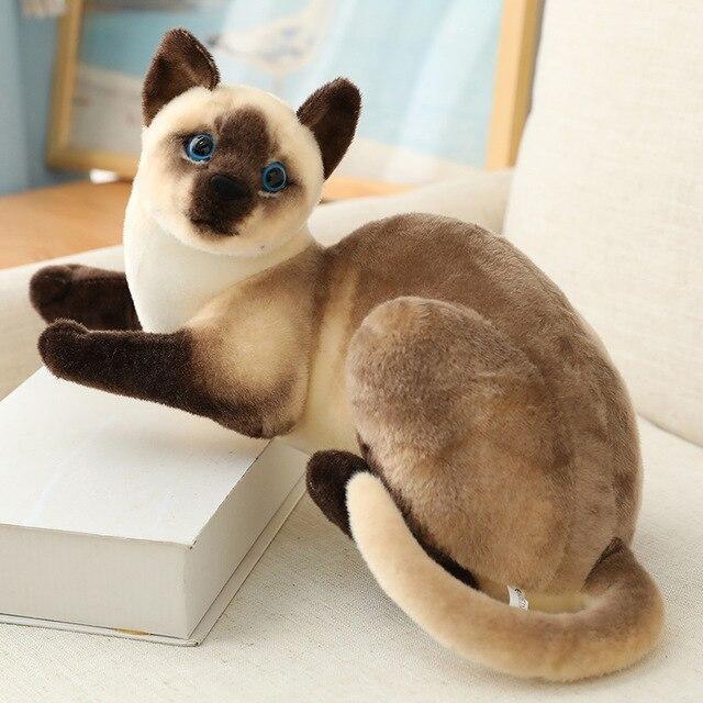 Plush toy cat with Siamese breed characteristics on a white surface.