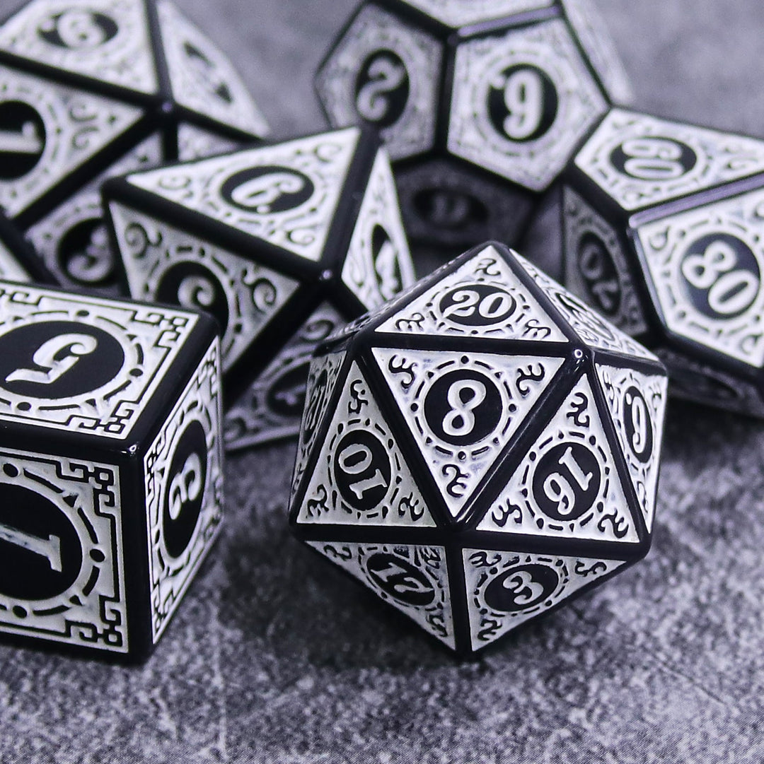 White Magic Flame 7-Dice Set DND RPG Dice Black w/Color Fill