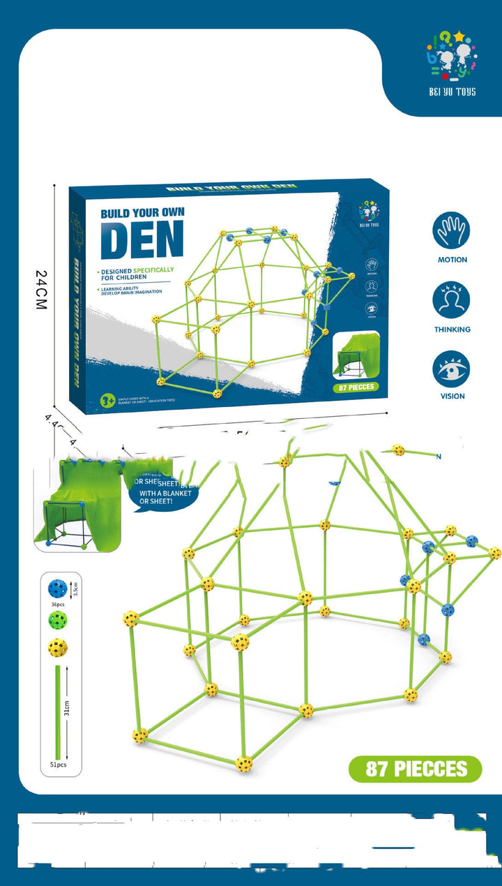 Children's building set with den structure and packaging on a white background.