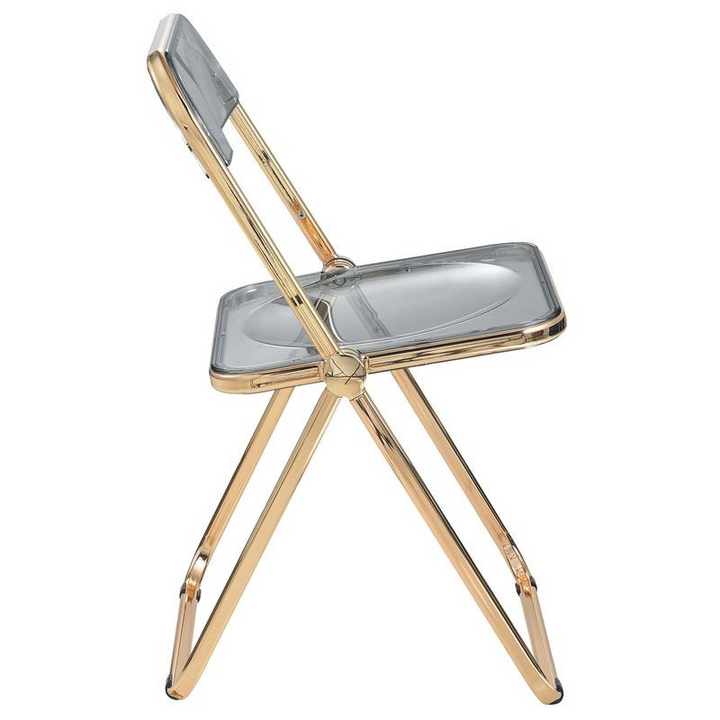 LeisureMod Lawrence Acrylic Folding Chair with Gold Metal Frame Transparent Black Side View.