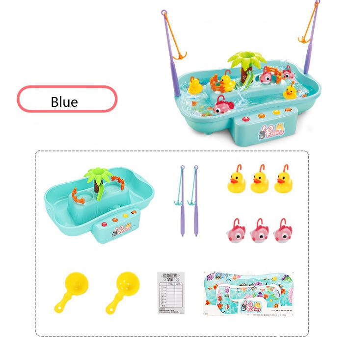 Children's fishing game set with toys and accessories on a white background.