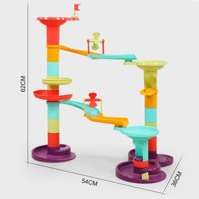Colorful marble run toy set with dimensions on a white background.