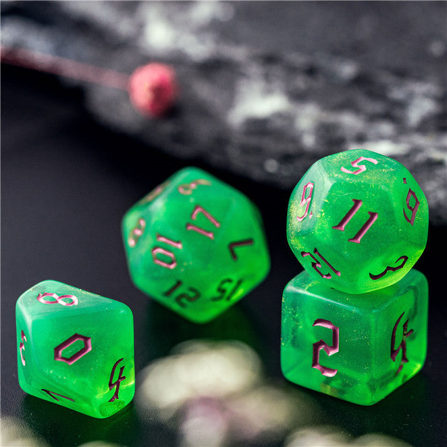 Green Glitter Party Glitter Dice (Pink font) 7-Dice Set RPG DND