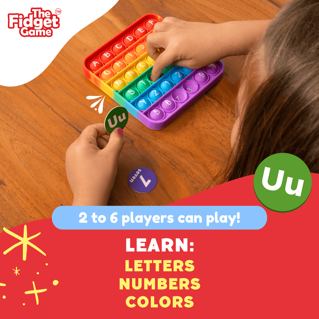 Child playing with a colorful fidget toy on a wooden table, with text about the game and its educational benefits.