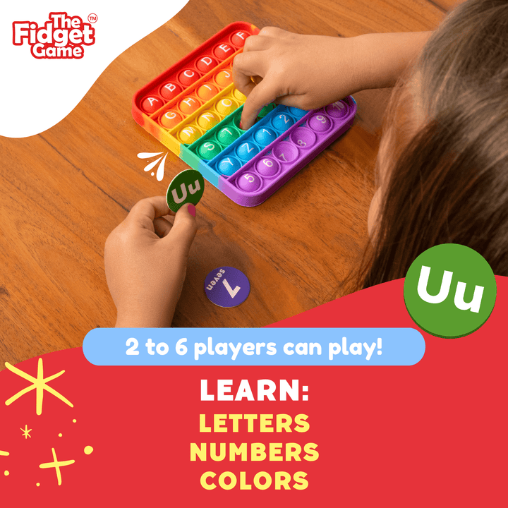 Child playing with a colorful fidget toy on a wooden table, with text about the game and its educational benefits.