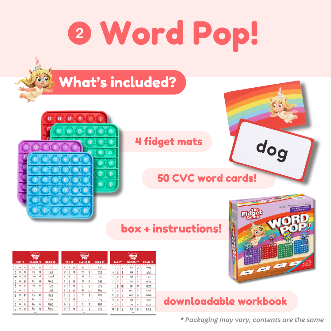 Product packaging of 'Word Pop!' educational toy with fidget mats, CVC word cards, and workbook.