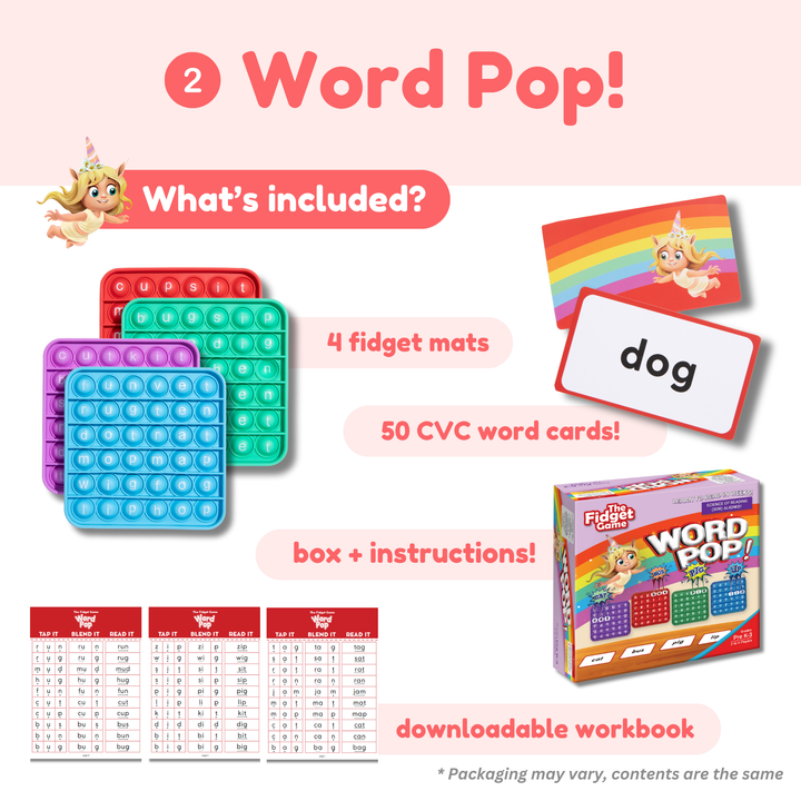 Product packaging of 'Word Pop!' educational toy with fidget mats, CVC word cards, and workbook.