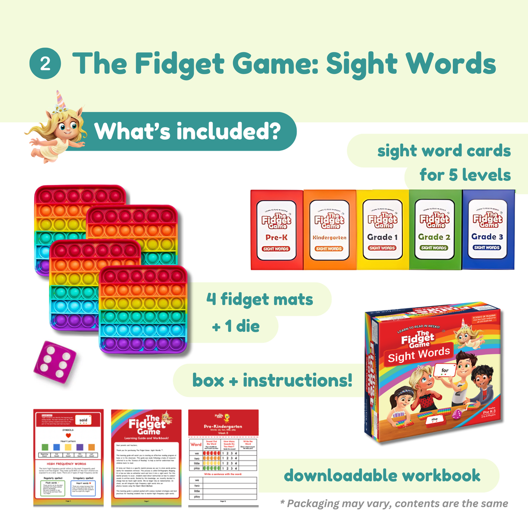 Fidget game set with sight word cards, fidget mats, and die on a colorful background.