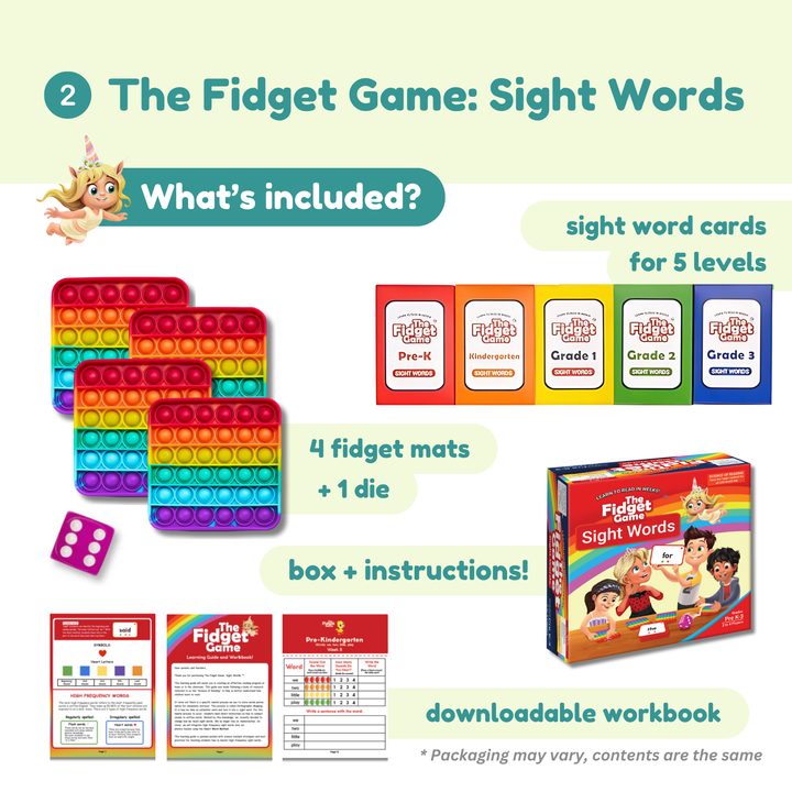 Fidget game set with sight word cards, fidget mats, and die on a colorful background.