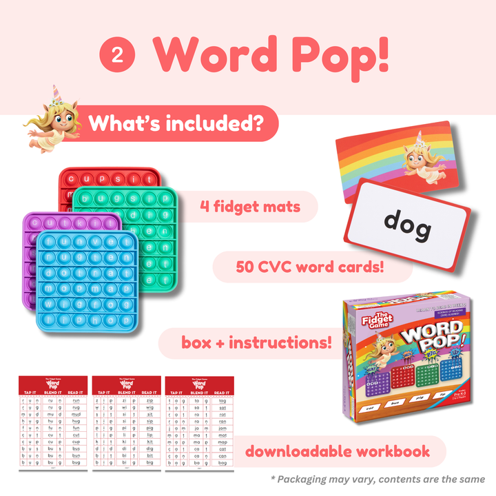 Product packaging of 'Word Pop!' educational toy with fidget mats, CVC word cards, and workbook.