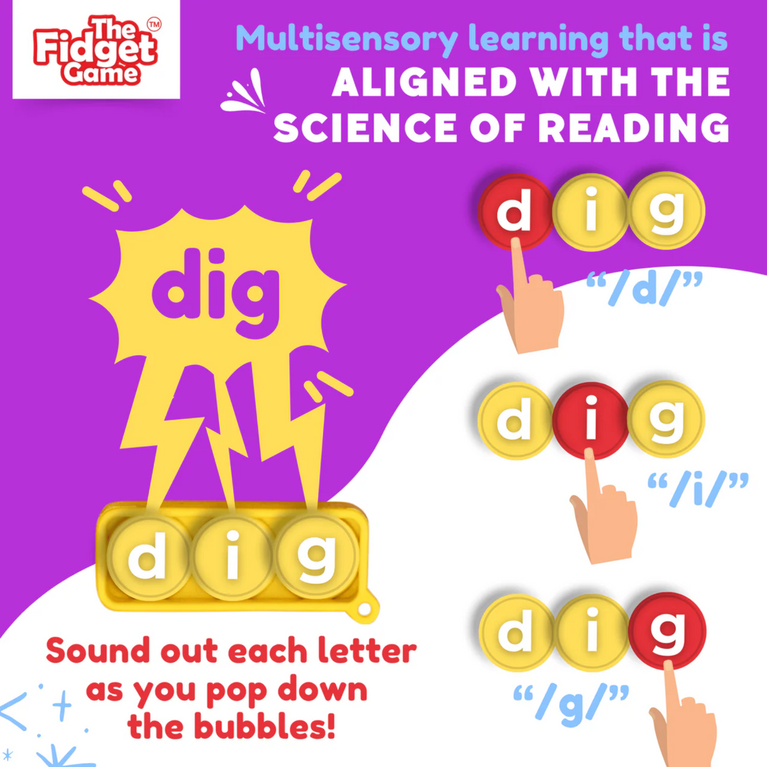 Educational game with letters and text about multisensory learning aligned with the science of reading.