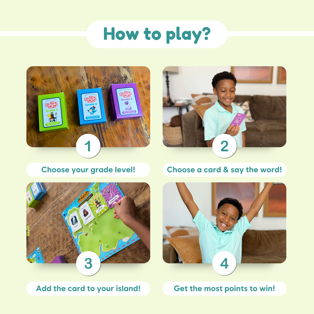 Instructions for playing a educational card game with images of cards and a child playing.