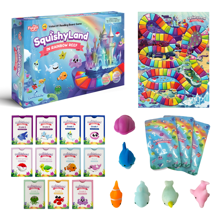 Squishy Land toy set with packaging, squishes, and game board on a white background.