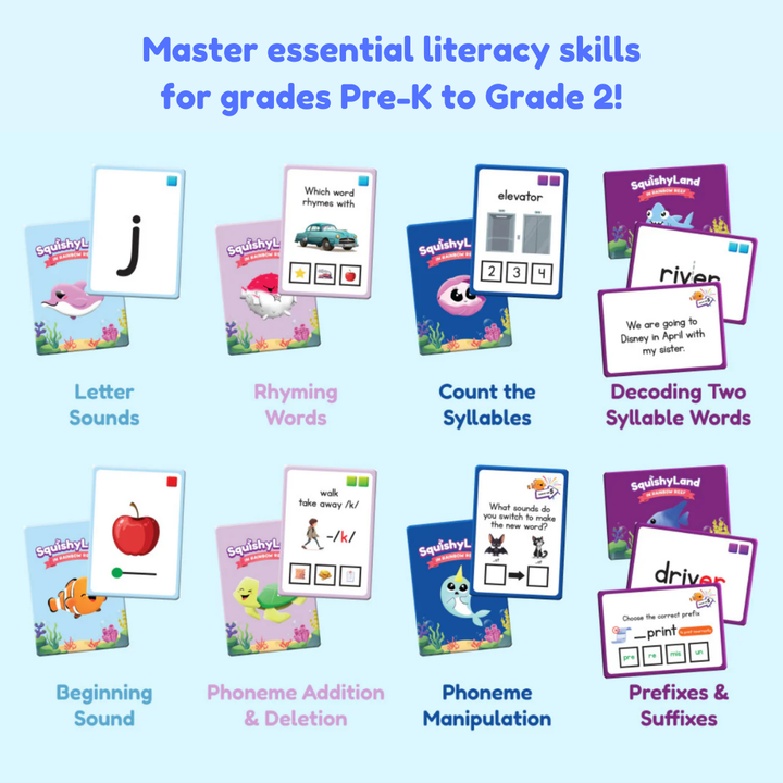 Educational flashcards for literacy skills with colorful designs and text on a blue background.