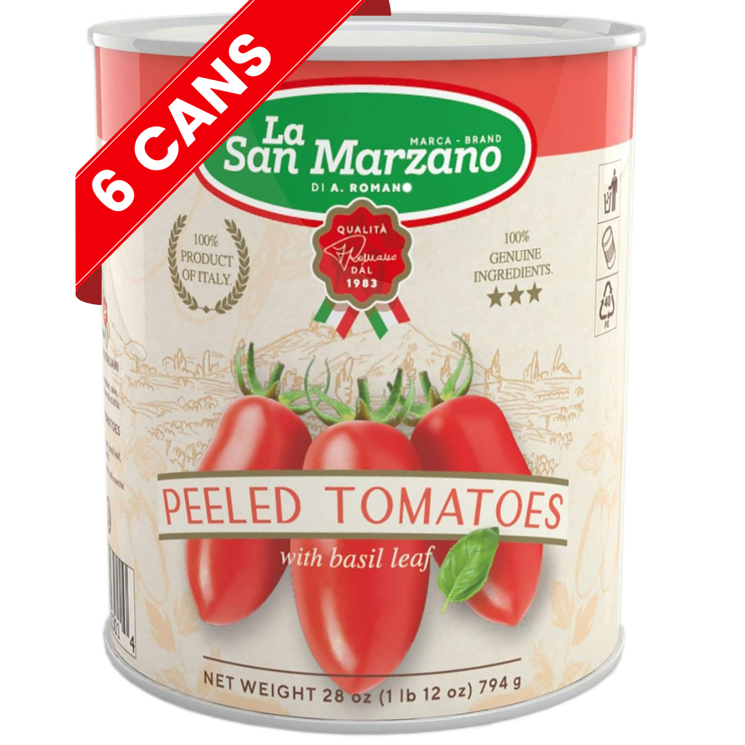 La San Marzano, Italian Whole Peeled Tomatoes in Puree with Basil 6 x Can 28 oz.
