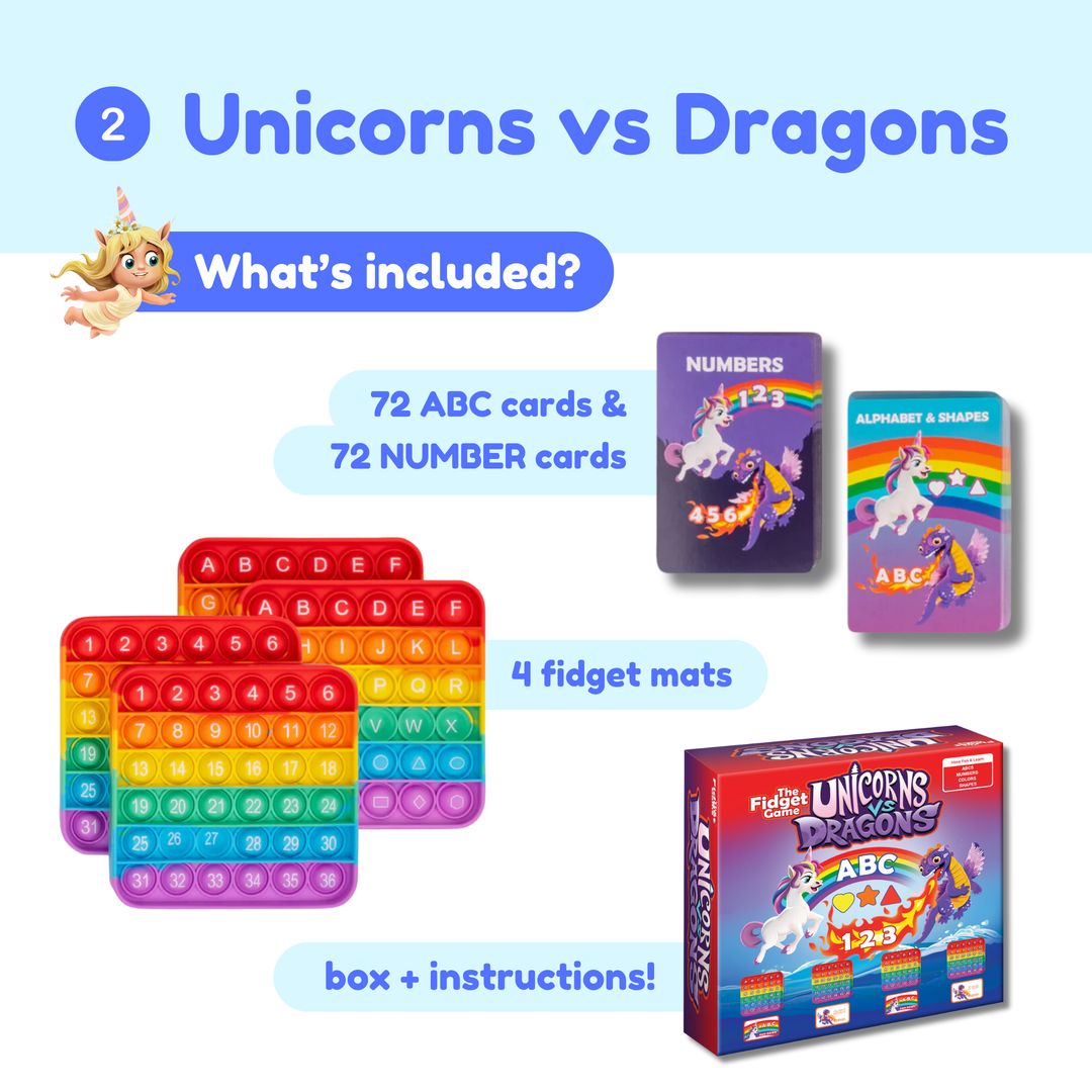 Educational toy set with ABC and number cards, fidget mats, and a box labeled Unicorns vs. Dragons.