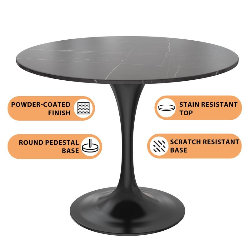 LeisureMod Verve Collection 36 Round Dining Table, Black Base with Sintered Stone Black Top Details.