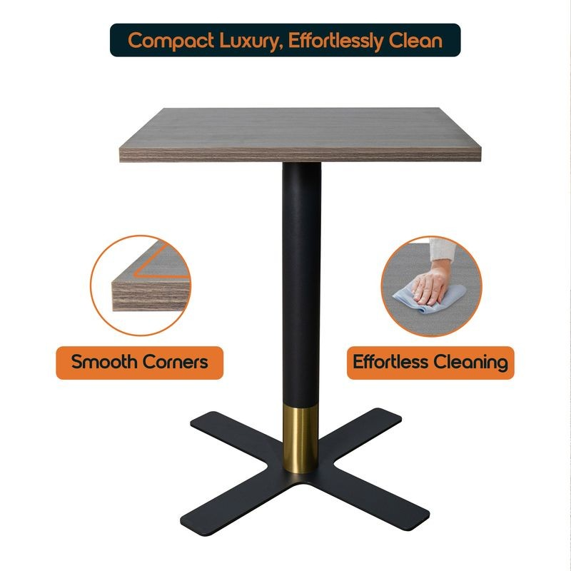 LeisureMod Vail Collection Dining Table Black/Gold X Base With 24" Square Dark Brown MDF Top Description.